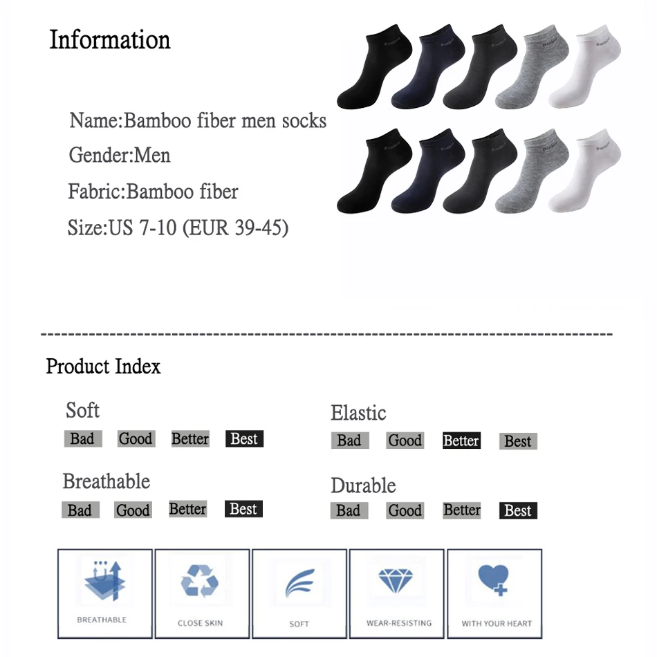 10 짝/갑 남성용 대나무 섬유 양말 짧은 고품질 새 캐주얼 통기성 항균 남성 발목 양말 남성