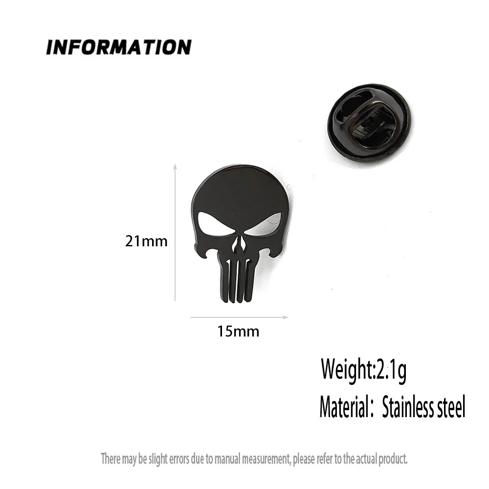 처벌 해골 금도금 배지, 정장 옷깃 핀 스테인레스 스틸 블랙, 여성용 노출 방지 버튼, 남성용 브로치