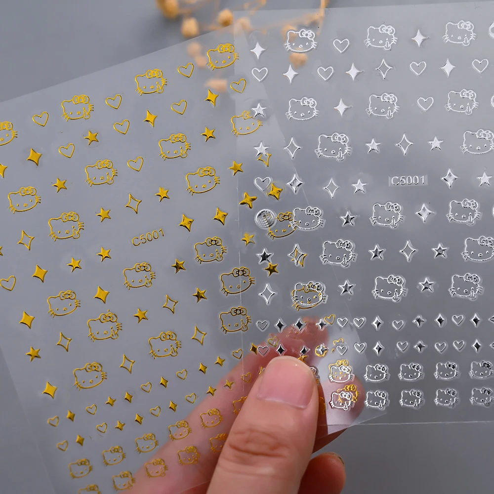1 시트 일본어 네일 스티커 HelloKitty 고양이 머리 심장 만화 귀여운 네일 데칼 접착 장식 뒤 접착제 매니큐어 스티커