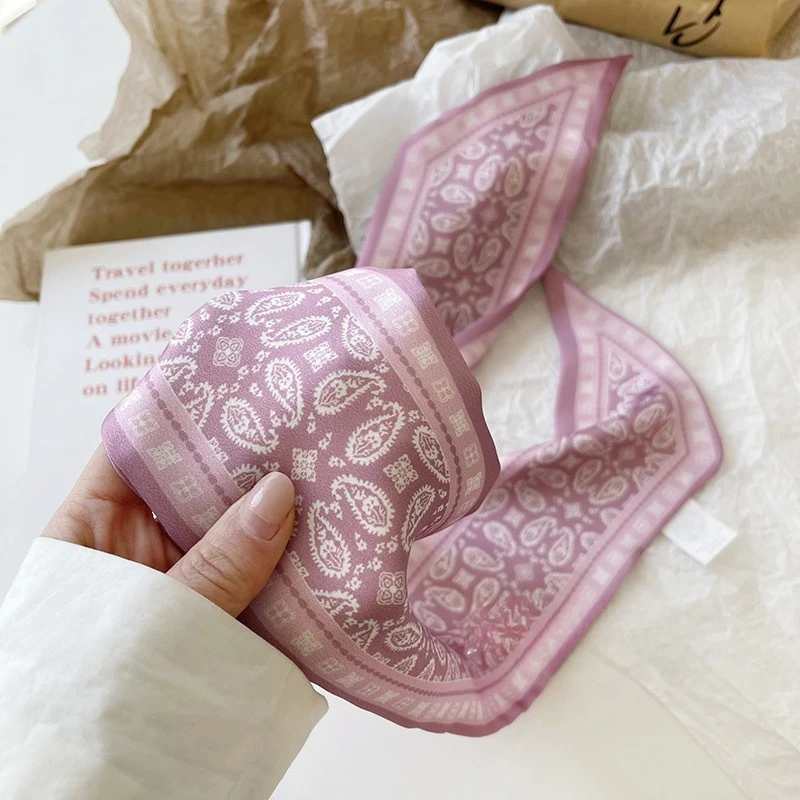 캐슈플라워 실크 스카프, 양면 프린트 머리띠, 인스 장식, 다용도 삼각형 스카프 액세서리