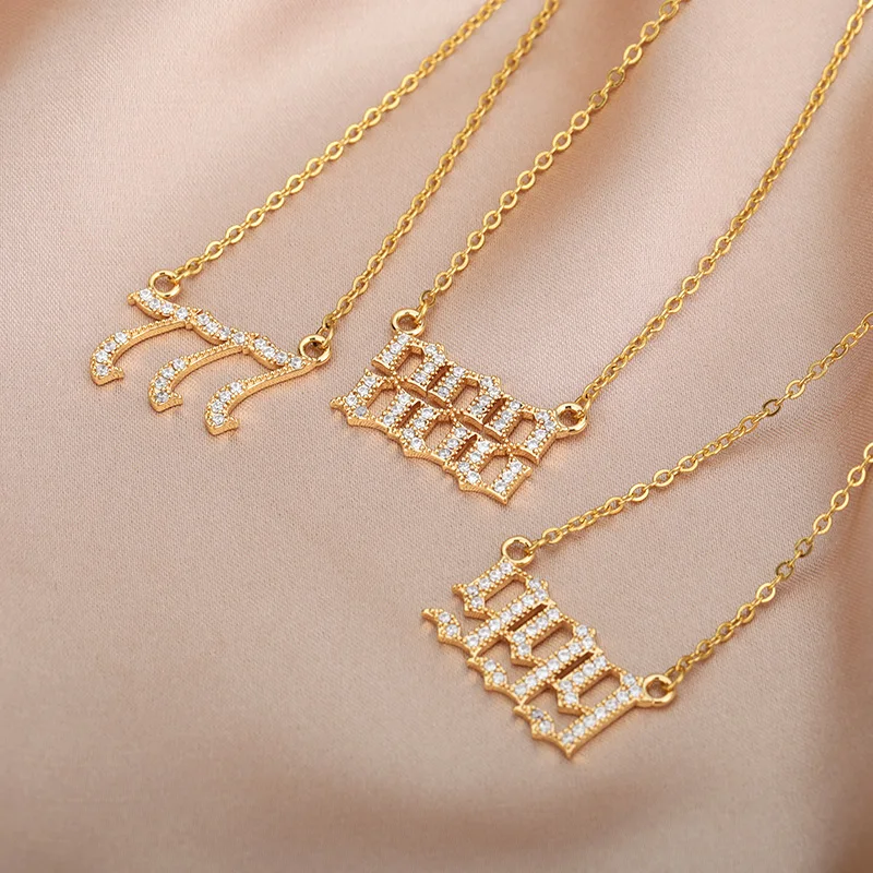 여성을위한 천사 숫자 목걸이 남성 111 222 333 스테인레스 스틸 체인 지르콘 펜던트 목걸이 생일 보석 선물