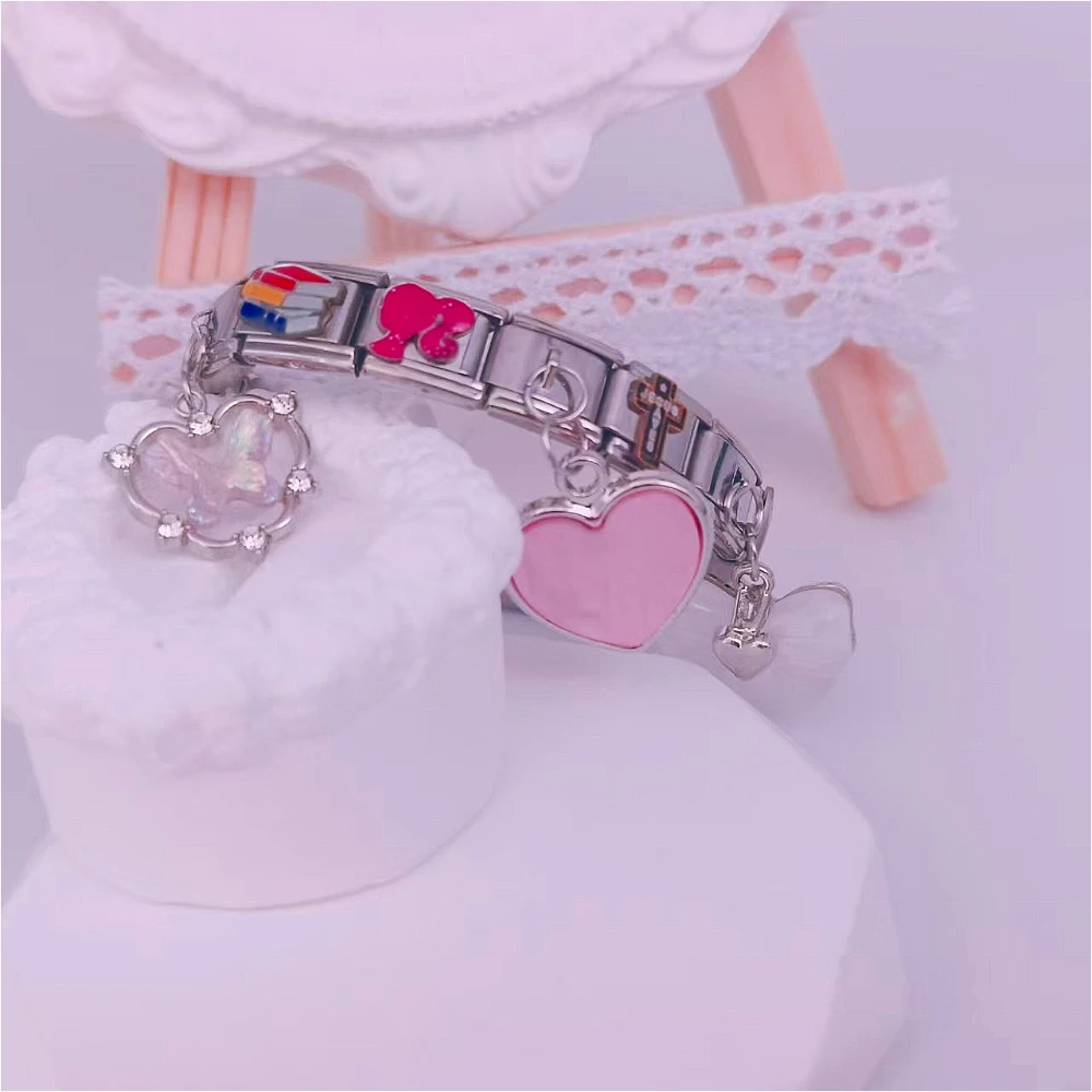 패션 빛나는 활 천사 날개 크로스 맞춤 링크 이탈리아어 매력 맞는 9mm 팔찌 스테인레스 스틸 DIY 쥬얼리 커플 만들기