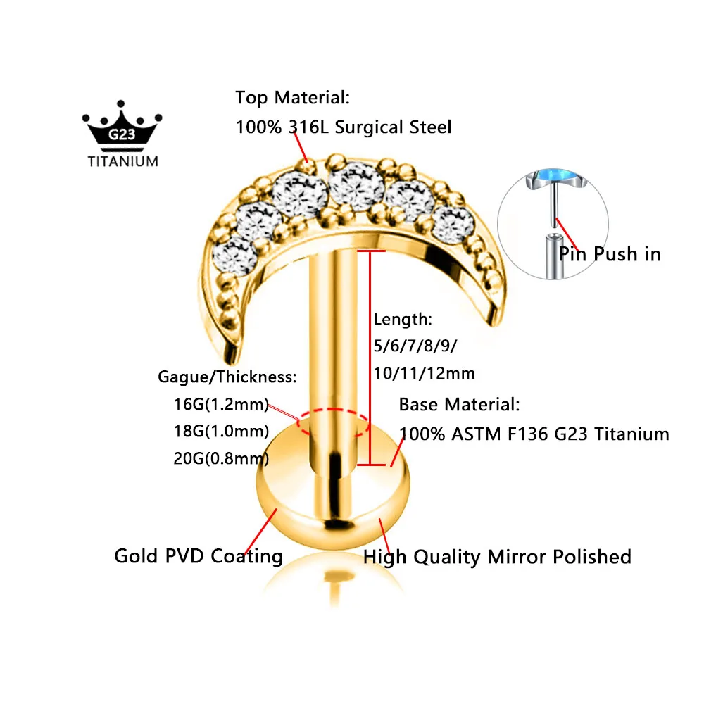 ASTM F136 G23 티타늄 플라워 문 나비 나사없는 피어싱 라이트닝 핀 푸시 인 립 스터드 Daith Conch 귀걸이 16G 18G 20G
