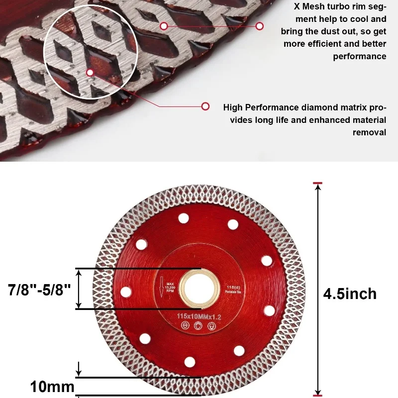 다이아몬드 드라이 커팅 블레이드 디스크, 도자기 세라믹 타일 터보 얇은 석기, 대리석 105 115, 125mm, 1 개