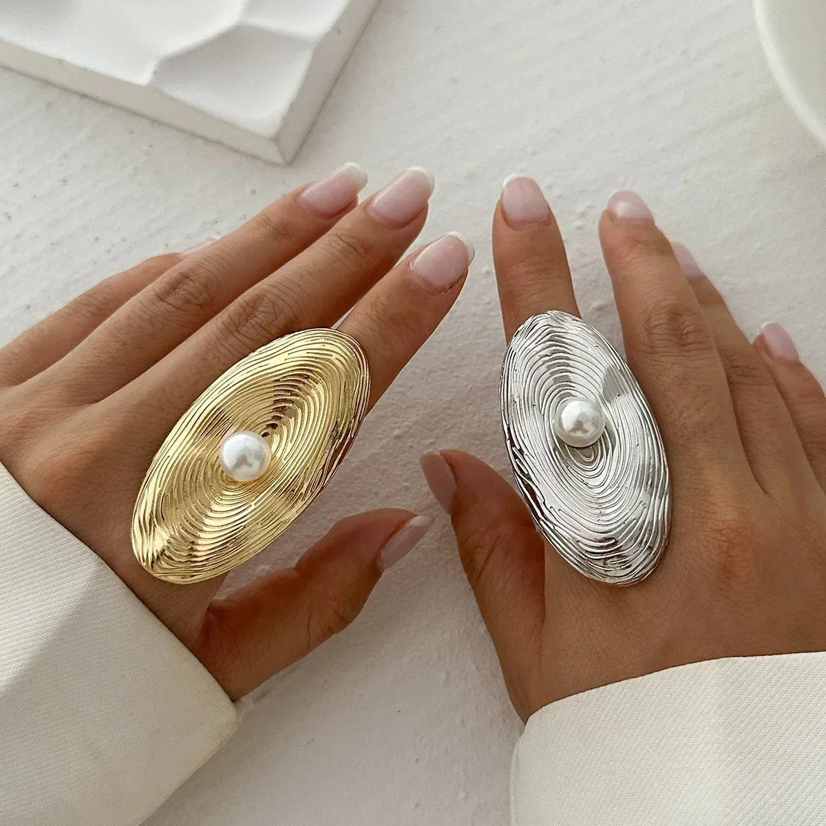 실버 컬러 크리에이티브 디자인 진주 잎 반지 여성용 트렌드 불규칙 금속 작은 공 오픈 손가락 반지 커플 펑크 쥬얼리