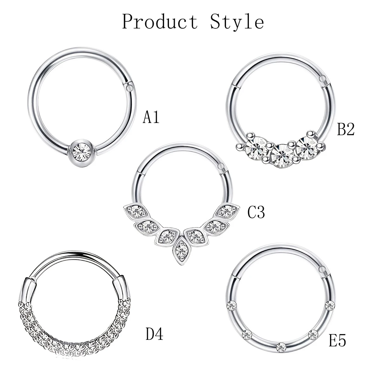 1-5pcs 16G 패션 316L 스테인레스 스틸 CZ 힌지 Septum Clicker 코 후프 링, Daith Helix Tragus 연골 피어싱 쥬얼리