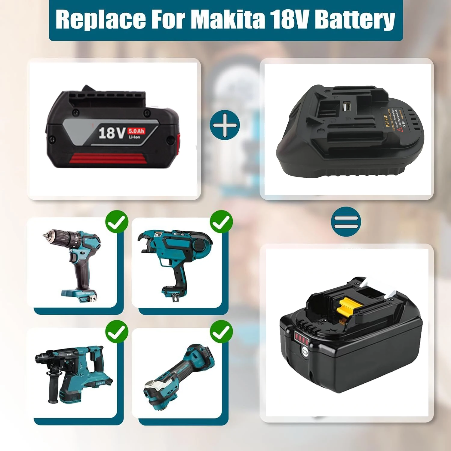 Bosch 18V 용 배터리 어댑터 Makita 18V 전동 공구 BAT618 BAT609G BS18MT 용 USB가있는 Makita 18V 변환기로 변환