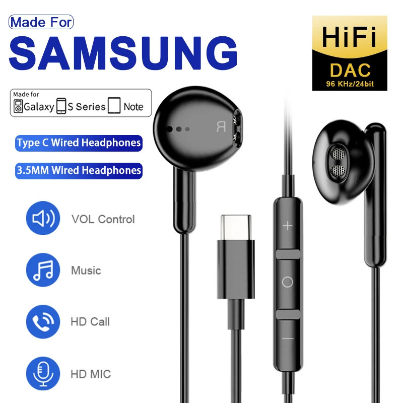 Type-C Wired Headphones  For Samsung Galaxy S24 S23 S22 3.5MM in-Ear Headphone A53 A52 Note 20 USB-C Earphone  HiFi Bass Stereo title=Type-C Wired Headphones  For Samsung Galaxy S24 S23 S22 3.5MM in-Ear Headphone A53 A52 Note 20 USB-C Earphone  HiFi Bass Stereo 