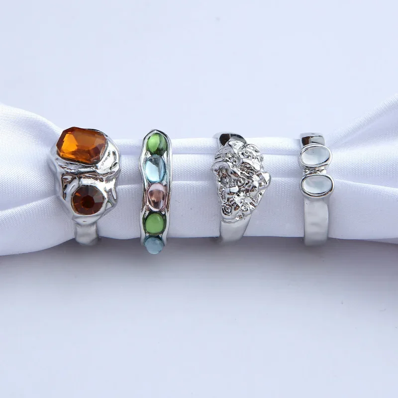 레트로 기하학적 중공 상감 보석 반지 세트, 액체 상태 금속 4 피스 링 세트, 패티 쥬얼리, 개성, 2024 신상