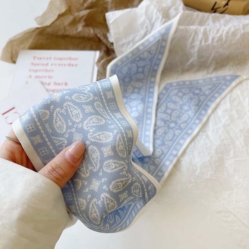 캐슈플라워 실크 스카프, 양면 프린트 머리띠, 인스 장식, 다용도 삼각형 스카프 액세서리