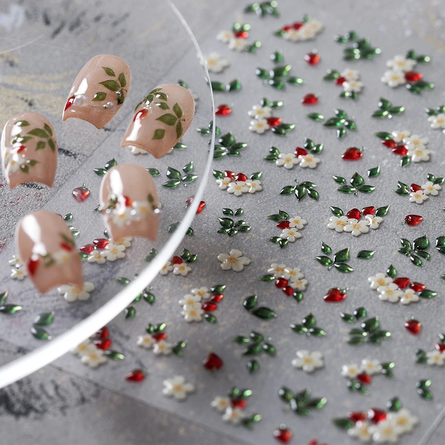 섬세하고 세련된 흰색 꽃 젤리 녹색 잎 붉은 과일 백합 치자 나무 자기 접착제 네일 아트 스티커 라인 석 매니큐어 데칼