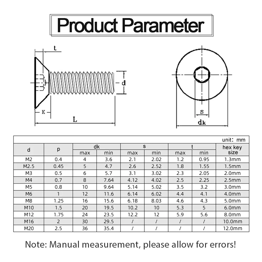 JUIDINTO 2-50pcs 플랫 헤드 알렌 나사 M2 M2.5 M3 M4 M5 M6 M8 12.9 가구용 탄소강 육각 소켓 플랫 헤드 나사 볼트