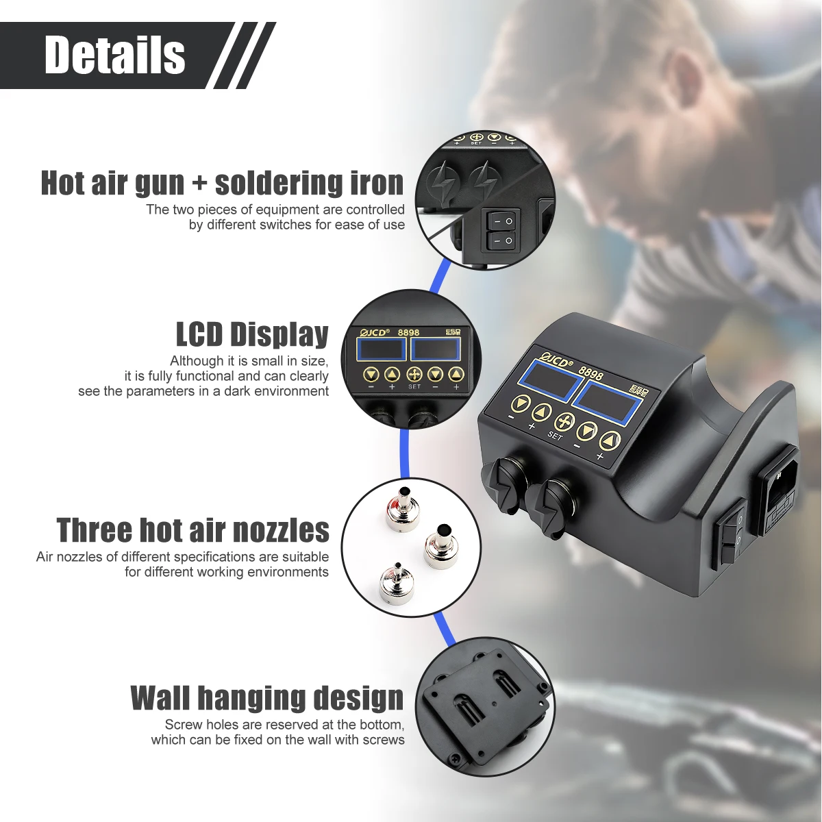 JCD 8898 납땜 스테이션 750W 2 in 1 납땜 인두 뜨거운 공기 총 재 작업 용접 스테이션 전화 BGA SMD 용접 수리 도구