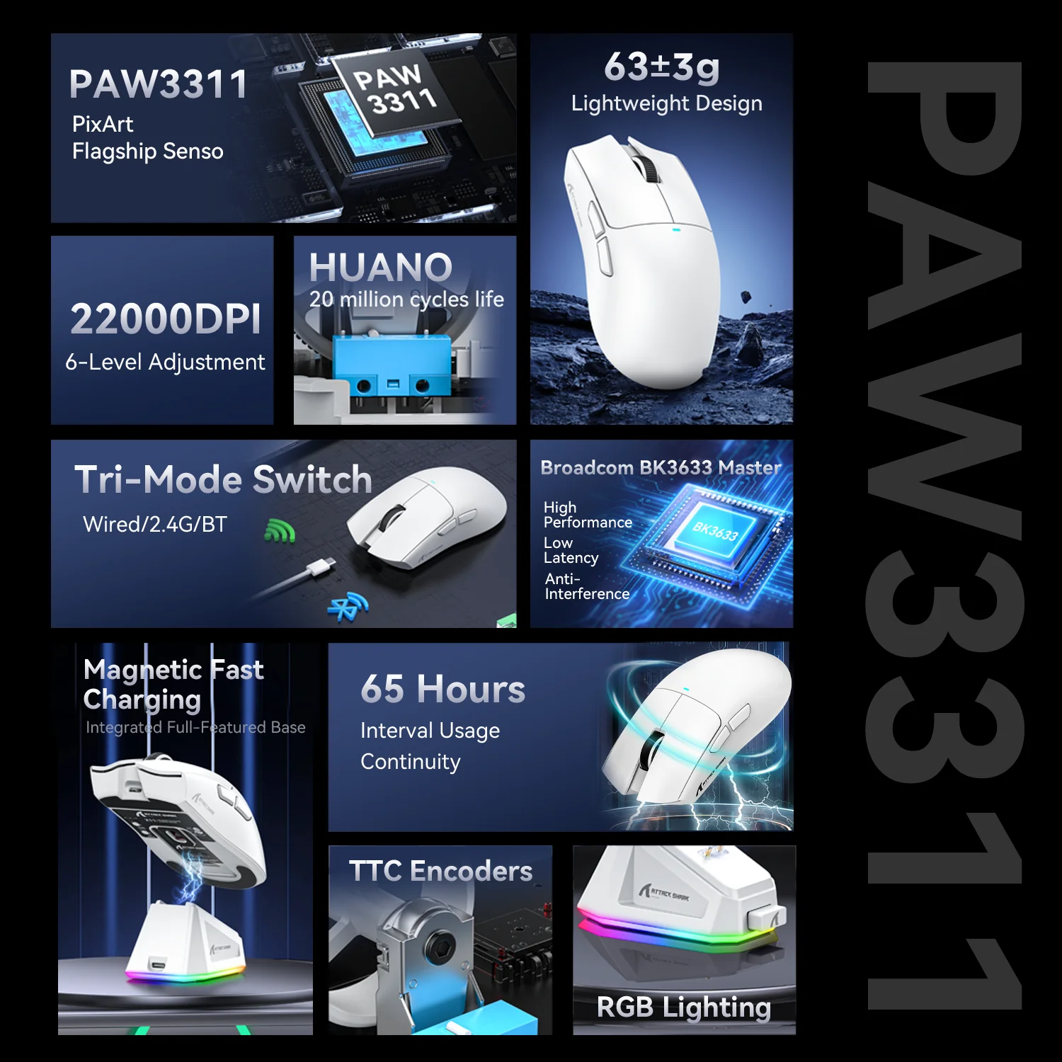 Attack Shark X11 자기 충전 도크가 있는 3중 모드 게이밍 마우스, PixArt PAW3311 센서, 22K DPI, BT/2.4Ghz/유선, PC/MAC용