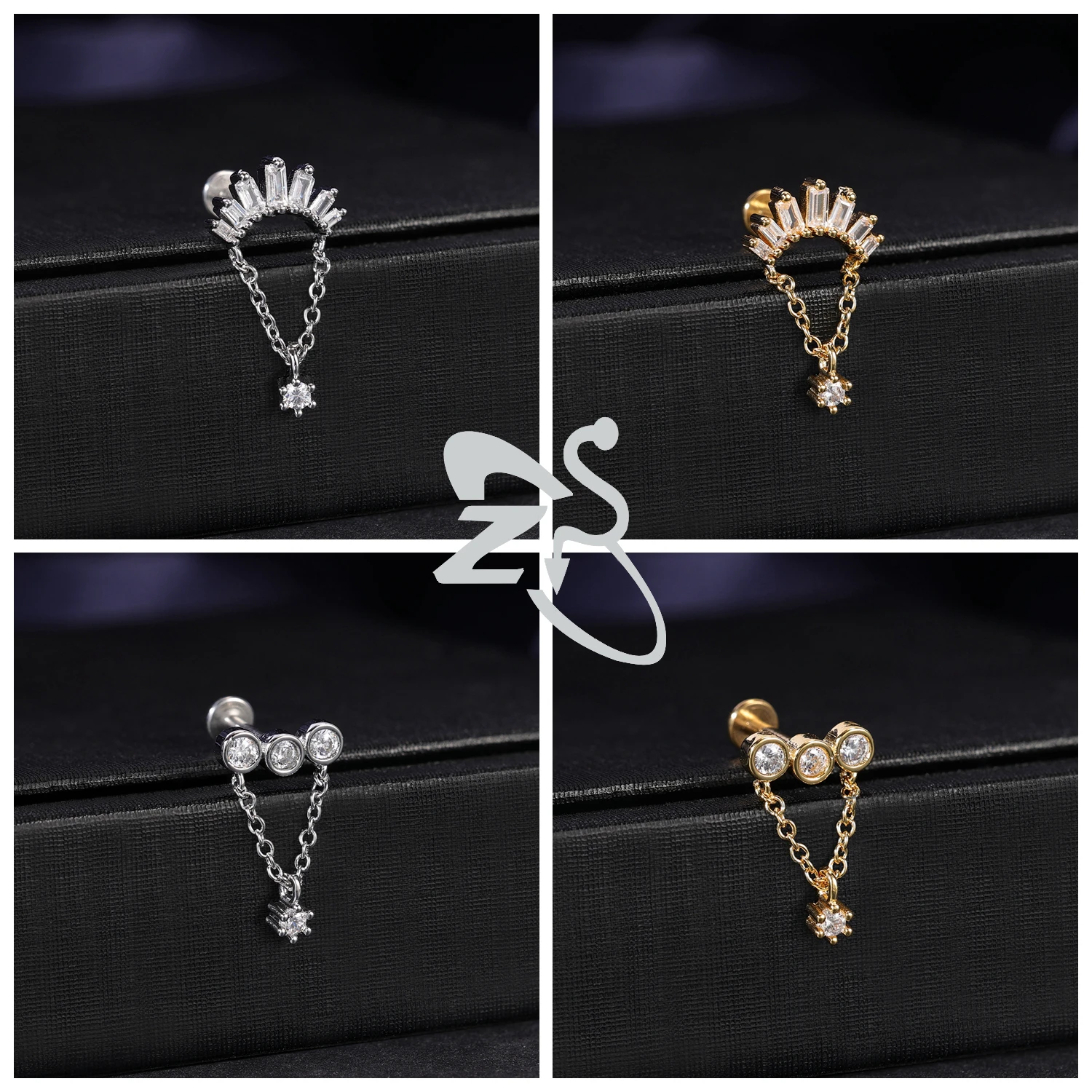 ZS 1 PC 골드 컬러 16G 스테인레스 스틸 Labret 립 피어싱 남성 여성 CZ 크리스탈 귀 연골 Tragus 헬릭스 피어싱 플랫 백