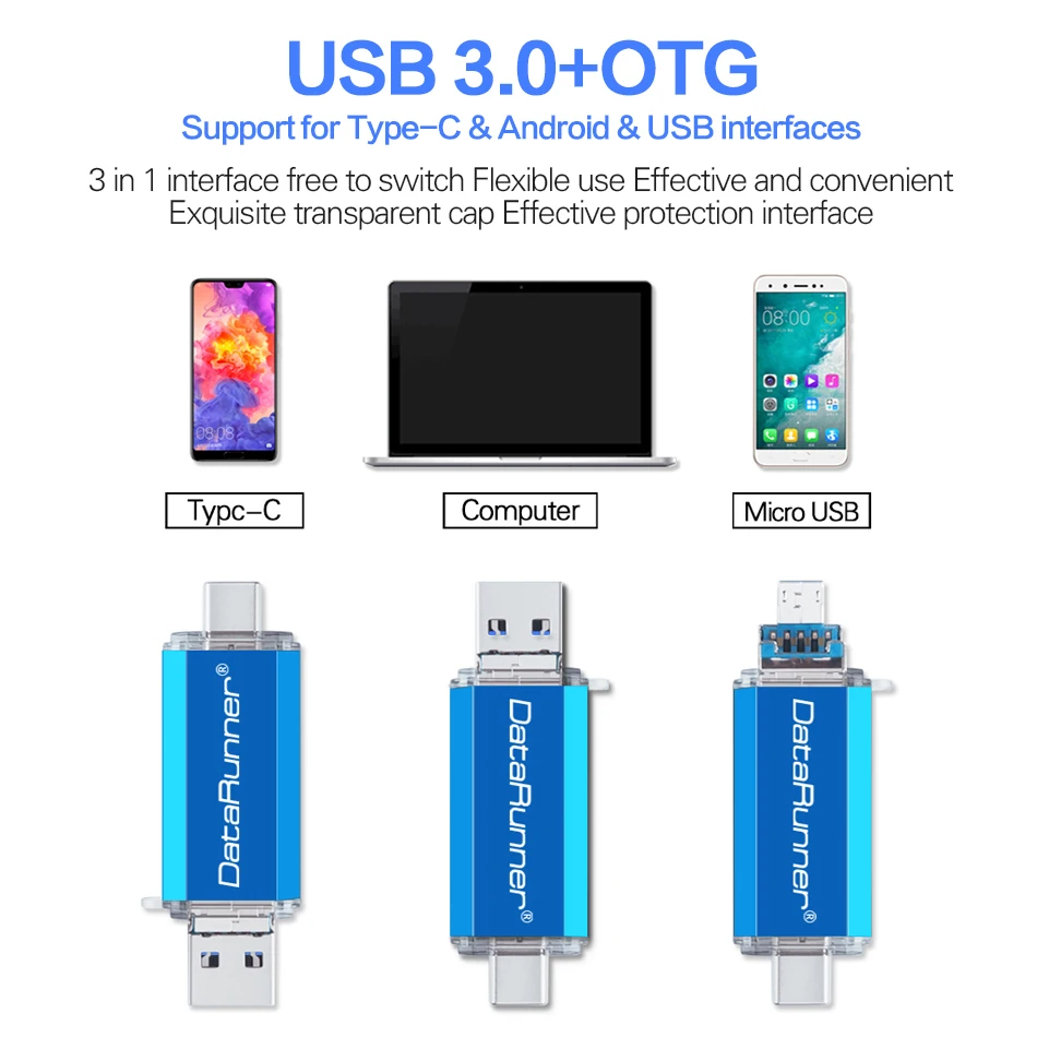 DataRunner 3 IN 1 고속 OTG USB 플래시 드라이브 유형 C 펜 드라이브, 512GB 256GB 128GB 64GB 32GB Pendrive USB 3.0 메모리 스틱