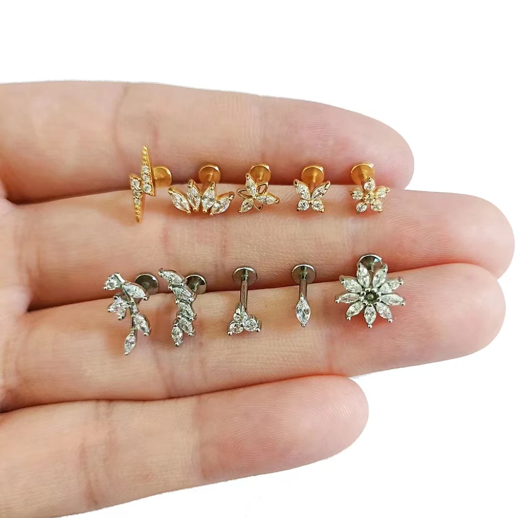 ASTM F136 G23 티타늄 플라워 문 나비 나사없는 피어싱 라이트닝 핀 푸시 인 립 스터드 Daith Conch 귀걸이 16G 18G 20G