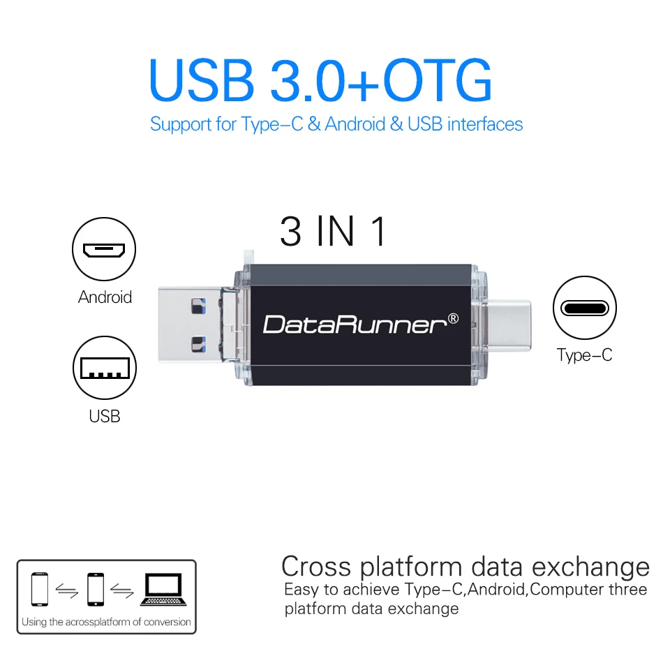 DataRunner 3 IN 1 고속 OTG USB 플래시 드라이브 유형 C 펜 드라이브, 512GB 256GB 128GB 64GB 32GB Pendrive USB 3.0 메모리 스틱