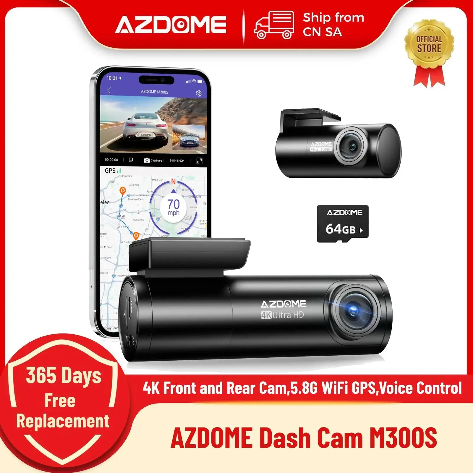 AZDOME M300S 4K 대시 캠 전면 및 후면, 자동차용 5.8G WiFi GPS 대시 카메라, 무료 64GB SD 카드, 음성 제어, WDR 야간 투시경 title=AZDOME M300S 4K 대시 캠 전면 및 후면, 자동차용 5.8G WiFi GPS 대시 카메라, 무료 64GB SD 카드, 음성 제어, WDR 야간 투시경 