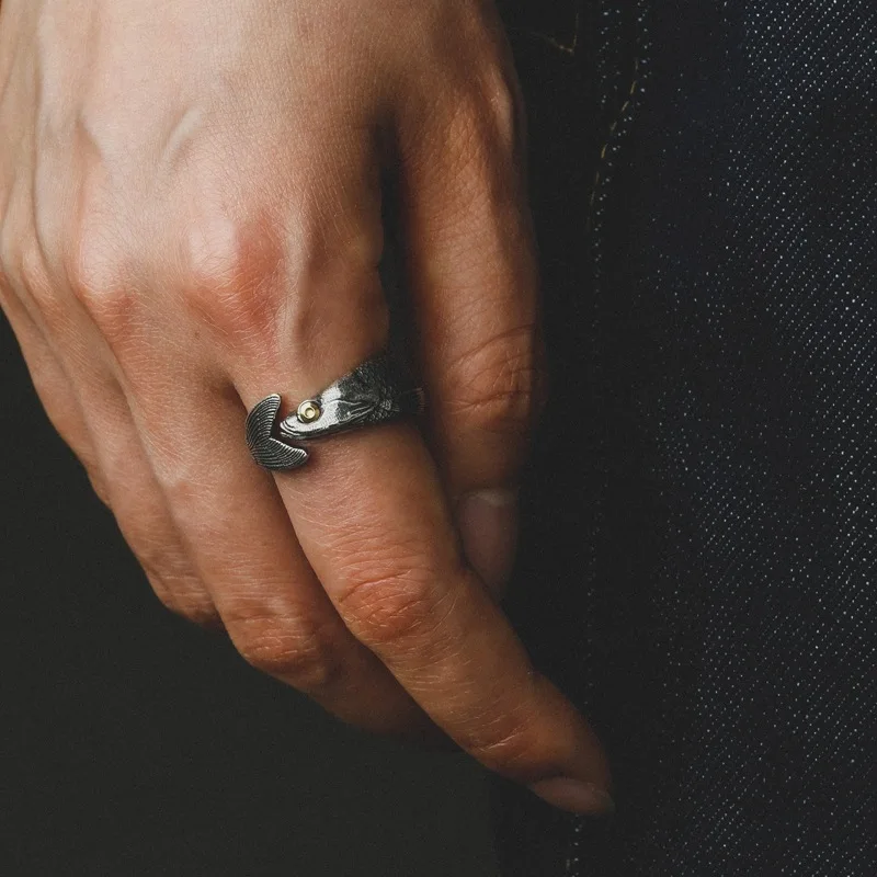 Buyee 925 스털링 실버 독특한 반지 손가락 여성을위한 귀여운 물고기 오픈 반지 남자 패션 동물 펑크 파인 쥬얼리 서클 상자