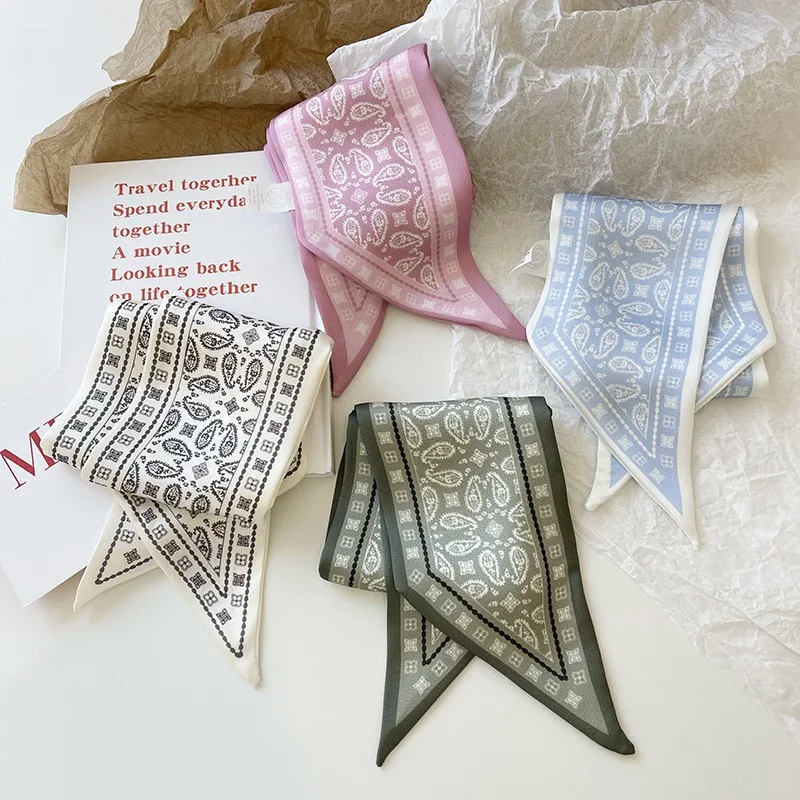 캐슈플라워 실크 스카프, 양면 프린트 머리띠, 인스 장식, 다용도 삼각형 스카프 액세서리