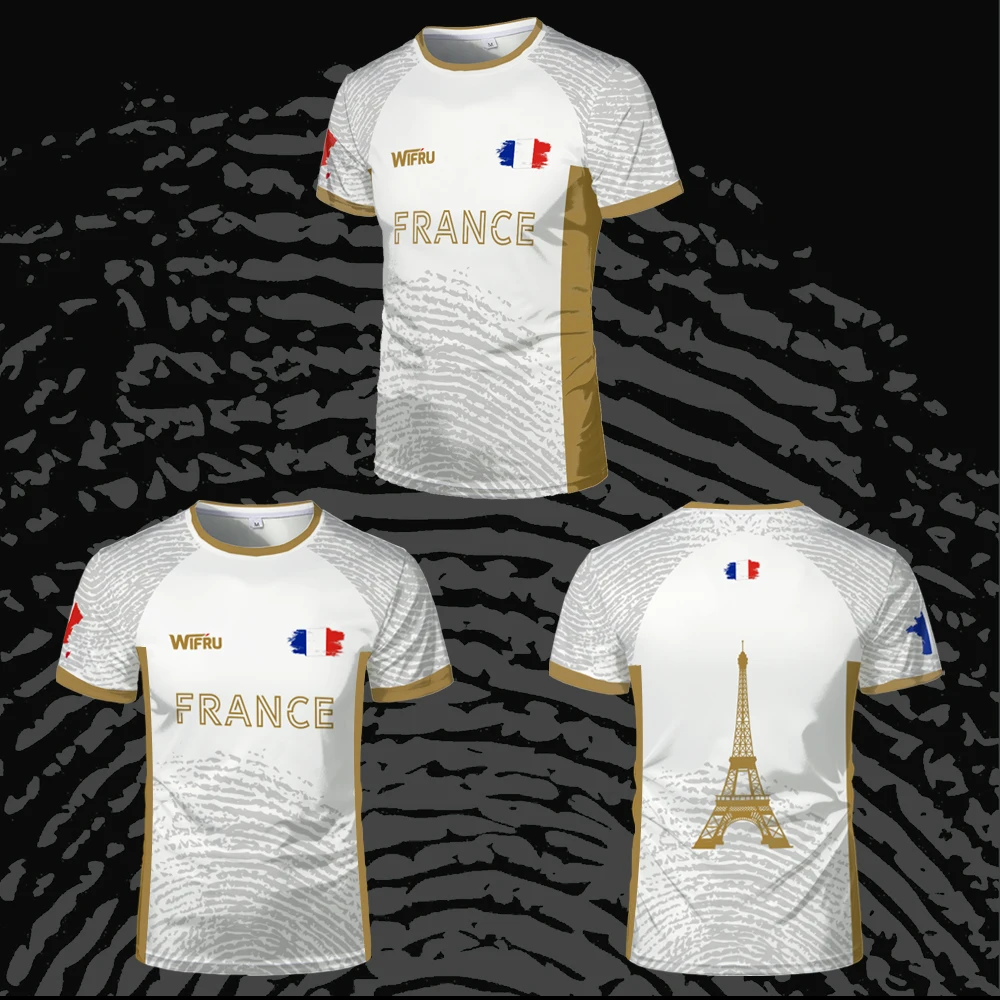 새로운 여름 프랑스 축구 티셔츠 남자 스포츠 야외 풋살 축구 유니폼 통기성 빠른 건조 에펠 탑 맞춤 셔츠
