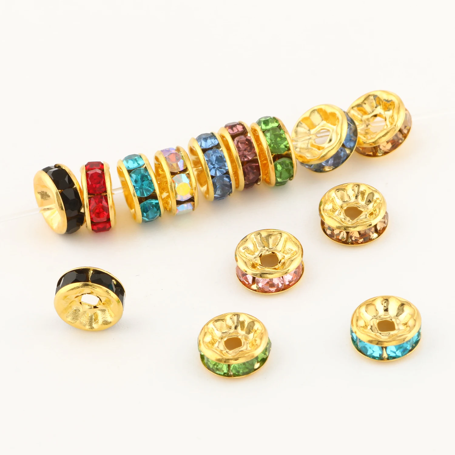 50pcs 라인 석 스페이서 비즈 멀티 컬러 크리스탈 금속 스페이서 Rondelle 비즈 쥬얼리 만들기 DIY 팔찌 액세서리