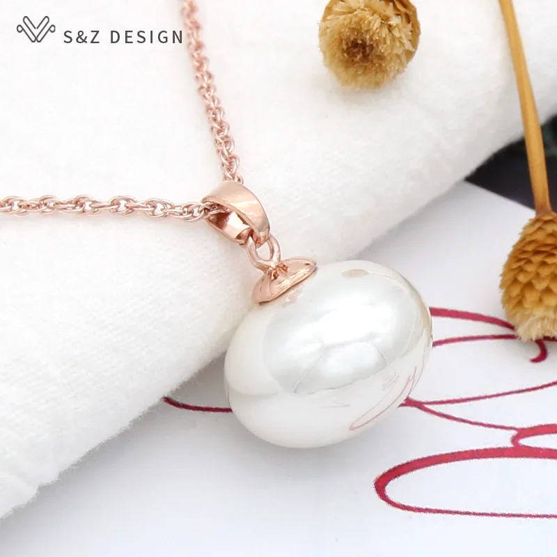 S & Z 디자인 패션 585 로즈 골드 컬러 모조 큰 빵 진주 펜던트 목걸이 여성을위한 웨딩 파티 쥬얼리