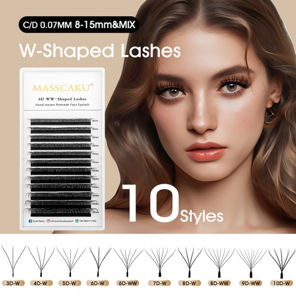 MASSCAKU Natural Look Matte Dark Black 4D 6D 10D W 스타일 속눈썹 모든 사이즈 프리미엄 벨벳 섬유 W 모양의 속눈썹 뷰티 살롱용