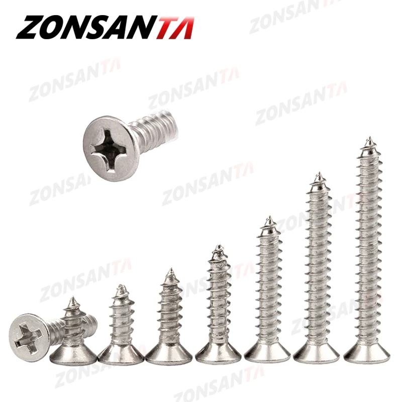 ZONSANTA M1.4 M1.7 M2 M2.3 M2.6 M3 M4 M5 M6 304 스테인레스 스틸 십자형 접시 머리 플랫 헤드 태핑 나사 나무 나사 title=ZONSANTA M1.4 M1.7 M2 M2.3 M2.6 M3 M4 M5 M6 304 스테인레스 스틸 십자형 접시 머리 플랫 헤드 태핑 나사 나무 나사 