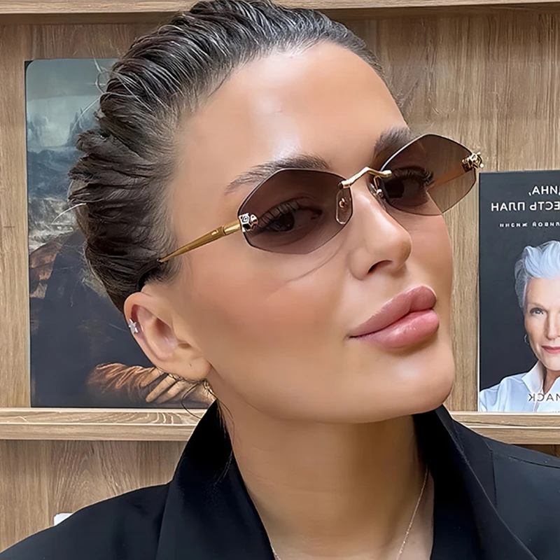트렌디 한 무테 다각형 선글라스 세련된 그라디언트 렌즈 금속 음영 안경 럭셔리 브랜드 작은 마름모 빈티지 선글라스