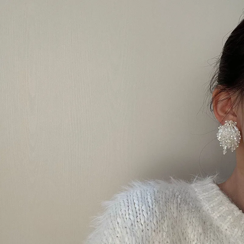 진주 크리스털 프린지 꽃 귀걸이, 한국 패션, 달콤하고 우아한 개성 스터드 귀걸이, Ms 주얼리