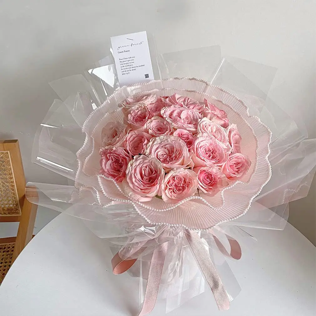 진주 가장자리 꽃다발 포장지, 메쉬 꽃 포장지, 꽃다발 포장 메쉬 종이, 주름진 웨이브 메쉬, 발렌타인 데이