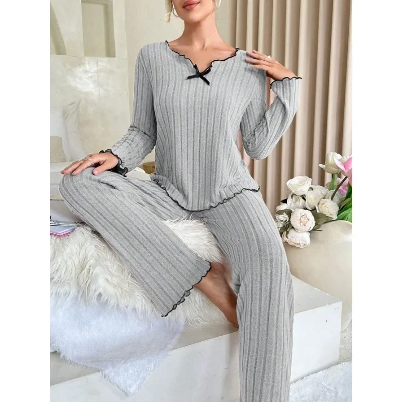 여성 가을 ​​겨울 잠옷 늑골이있는 잠옷 세트 긴 소매 탑과 긴 바지 2 조각 세트 캐주얼 Homewear Loungewear