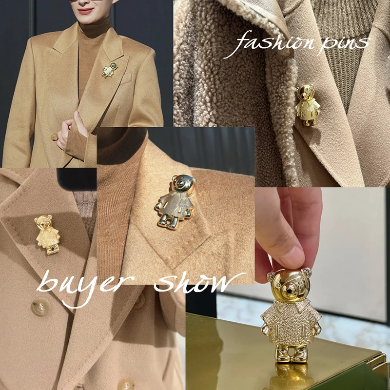 DREJEW 성격 테디 베어 브로치 여성을위한 상감 라인 석 빈티지 패션 금속 핀 라이트 럭셔리 남성 쥬얼리 선물