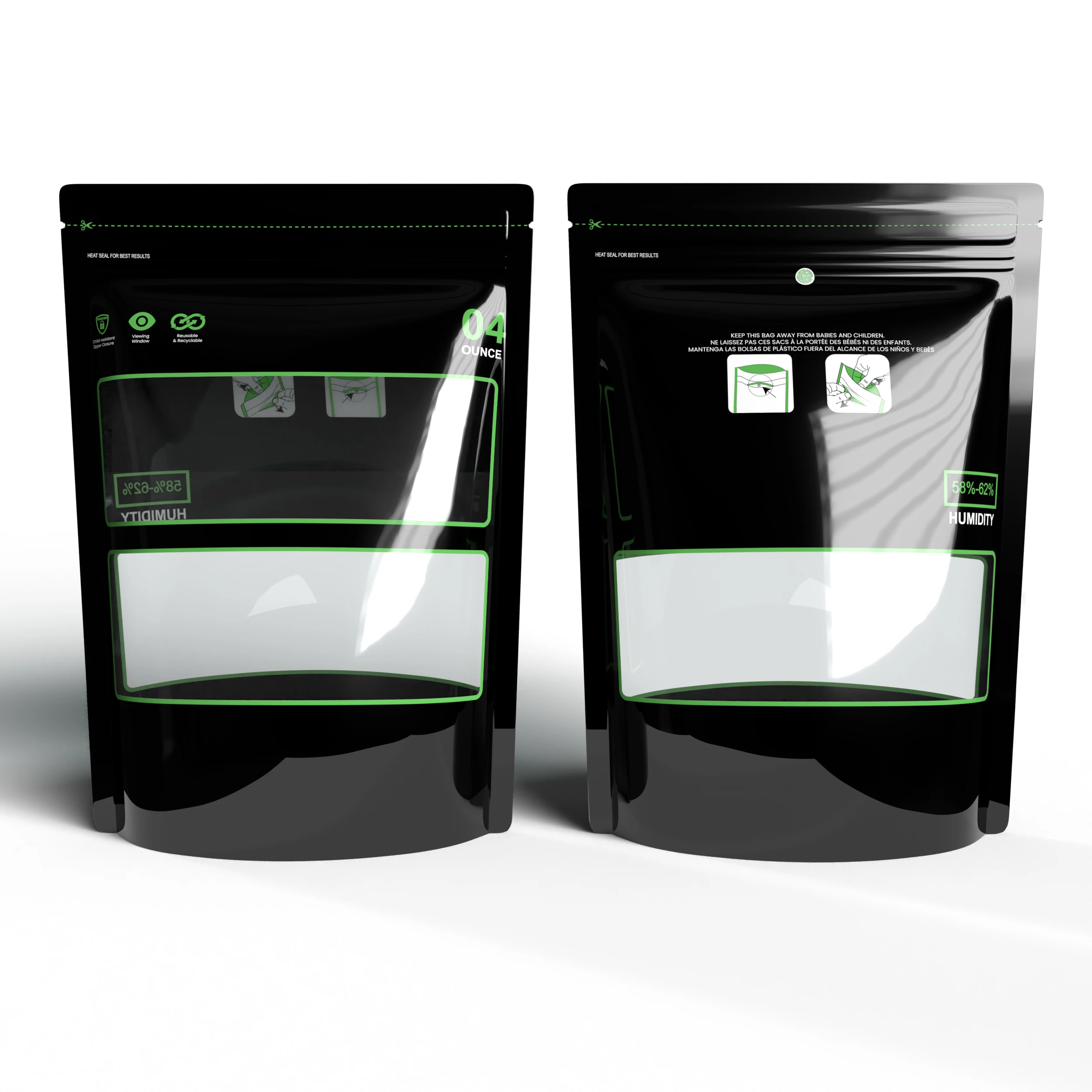 1/8온스~1파운드 잠금 및 밀봉 보관 및 경화 백 58%-62% RH 테르프 재배 파우치 열 밀봉 가능 어린이 방지