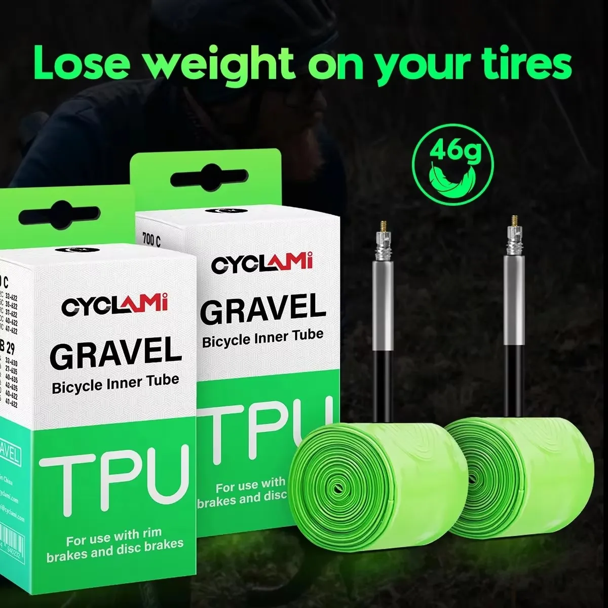 CYCLAMI 초경량 도로 MTB 29 자전거 TPU 내부 튜브 타이어 프랑스어 밸브 FV 45mm 자갈 700C 32C 35C 37C 40C 47C 슈퍼 라이트 title=CYCLAMI 초경량 도로 MTB 29 자전거 TPU 내부 튜브 타이어 프랑스어 밸브 FV 45mm 자갈 700C 32C 35C 37C 40C 47C 슈퍼 라이트 