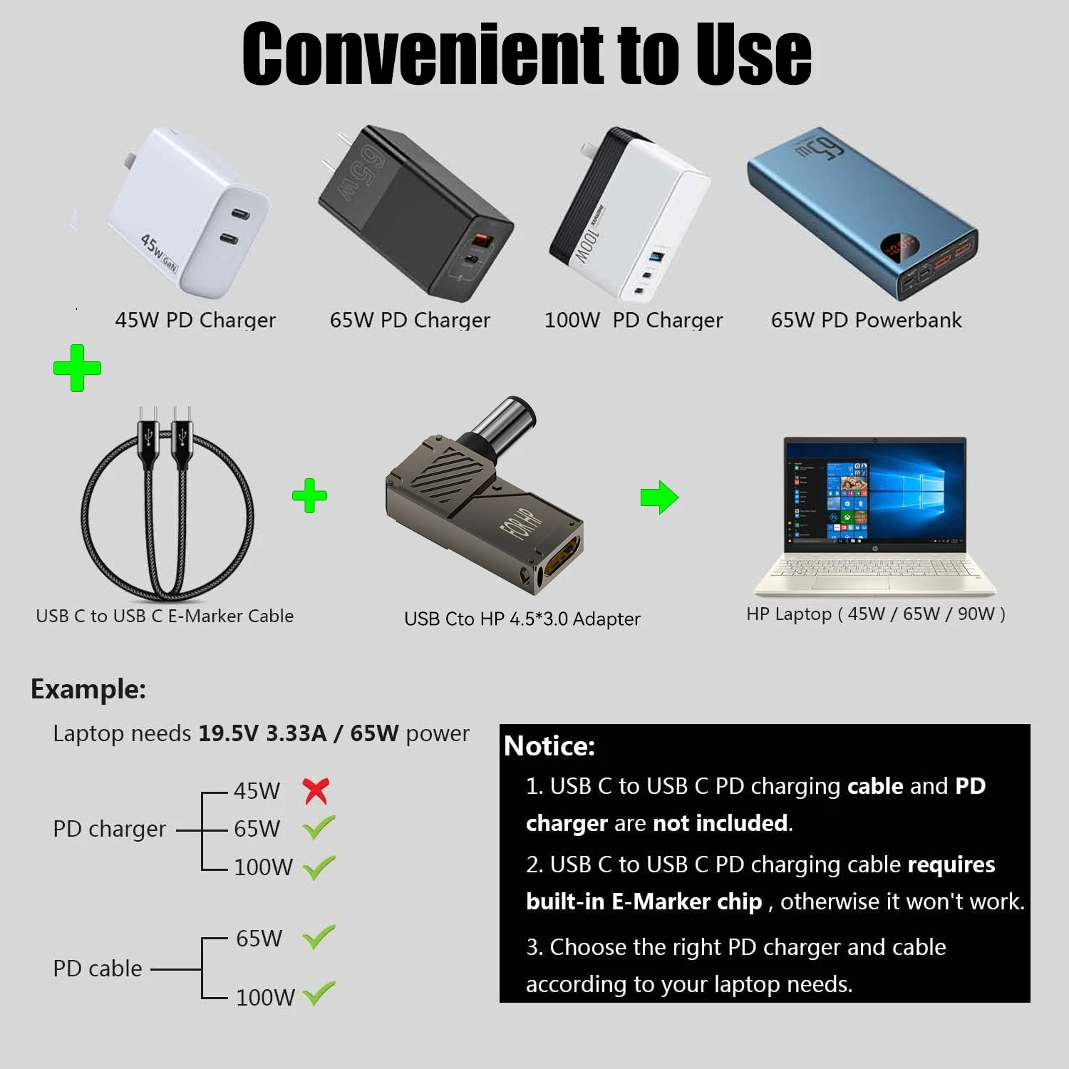레노버 씽크플러스 HP 델용 전원 충전기 커넥터 팁, PD100W C타입-DC 플러그 컨버터, USB C-DC 노트북 충전 어댑터