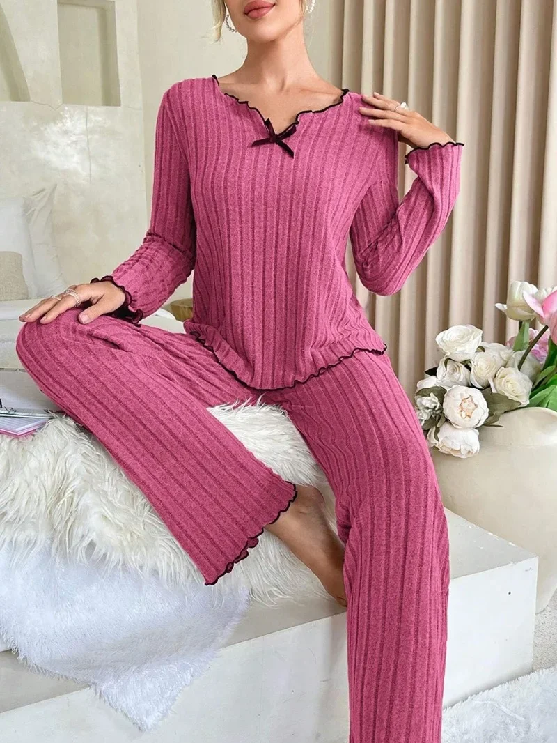 여성 가을 ​​겨울 잠옷 늑골이있는 잠옷 세트 긴 소매 탑과 긴 바지 2 조각 세트 캐주얼 Homewear Loungewear title=여성 가을 ​​겨울 잠옷 늑골이있는 잠옷 세트 긴 소매 탑과 긴 바지 2 조각 세트 캐주얼 Homewear Loungewear 