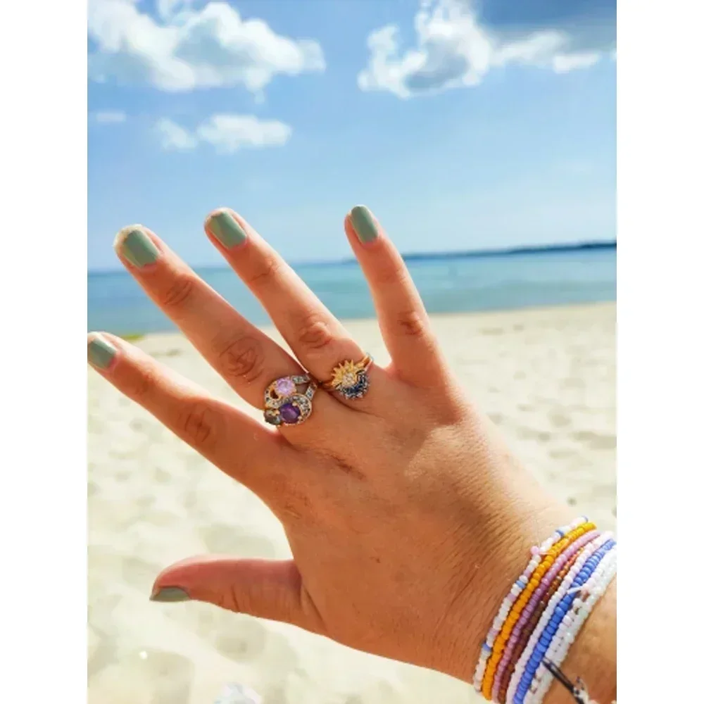 원래 925 스털링 실버 레드 핑크 반지 하트 보우 썬 문 여성을위한 화려한 크리스탈 발렌타인 생일 선물 DIY 쥬얼리