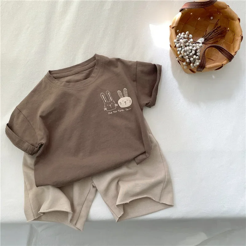 어린이 반팔 티셔츠, 순면 2-7Y 만화 토끼 티셔츠, 소년 소녀 루즈 캐주얼 탑, 2025 여름 신상