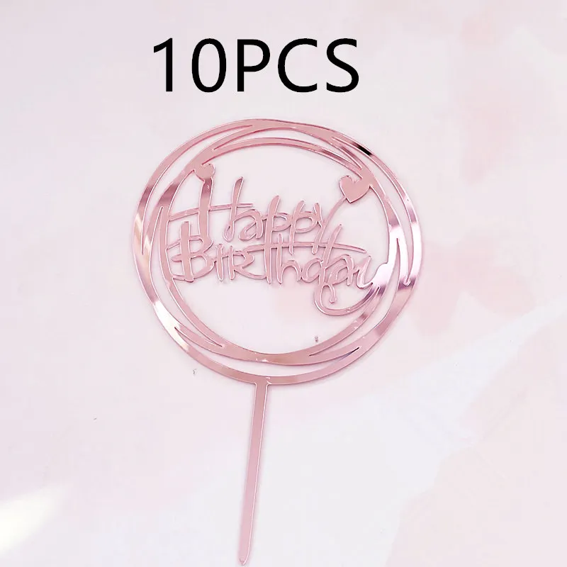 10 Pcs 로즈 골드 생일 축하 케이크 토퍼 실버 블랙 심플한 디자인 아크릴 케이크 토퍼 베이비 샤워 파티 디저트 장식