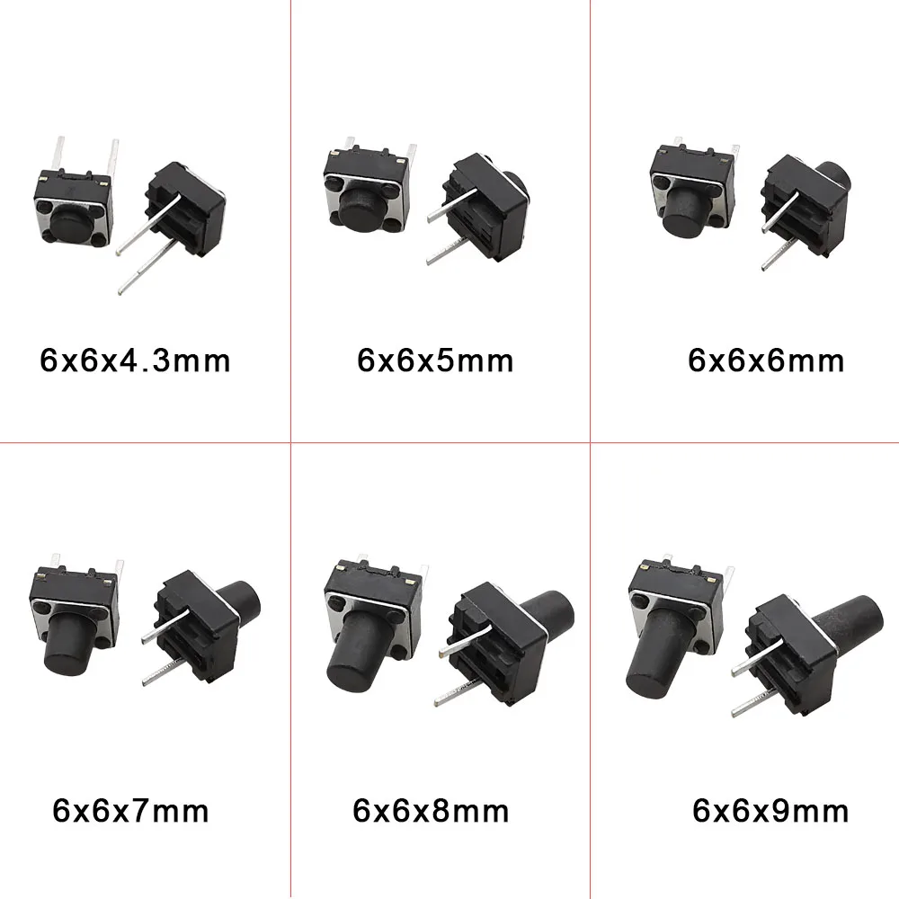 마이크로 촉각 스위치 순간 택트 딥 스위치, 2 핀, 6x6mm, 마이크로 터치 푸시 버튼 스위치, 높이 5mm, 6mm, 7mm, 8mm, 9mm, 20 개, 50 개, 100 개