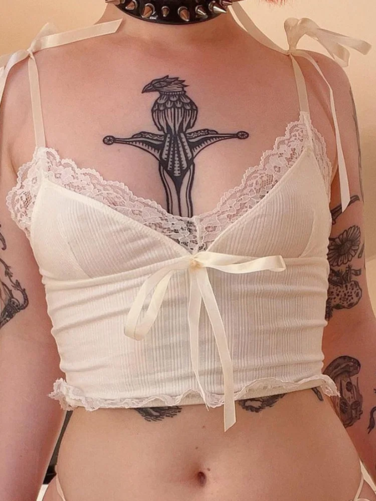 레이스 트림 자르기 탑 미적 흰색 활 귀여운 달콤한 미니 조끼 니트 기본 캐주얼 티 여성 여름 백리스 비치