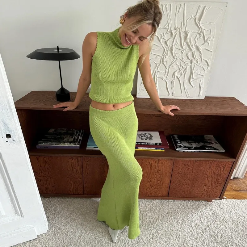 Tuularose 우아한 롱 스커트 투피스 세트 여성 민소매 니트 터틀넥 조끼 슬림 스커트 세트 2025 새로운 패션 스커트 세트