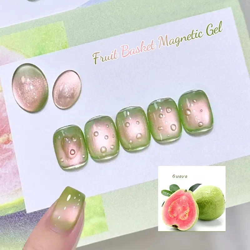MEET ACROSS 구아바 & 포도 컬러 고양이 마그네틱 젤 녹색 유리 구슬 고양이 눈 젤 UV 젤 네일 아트 광택 살롱 홈 DIY