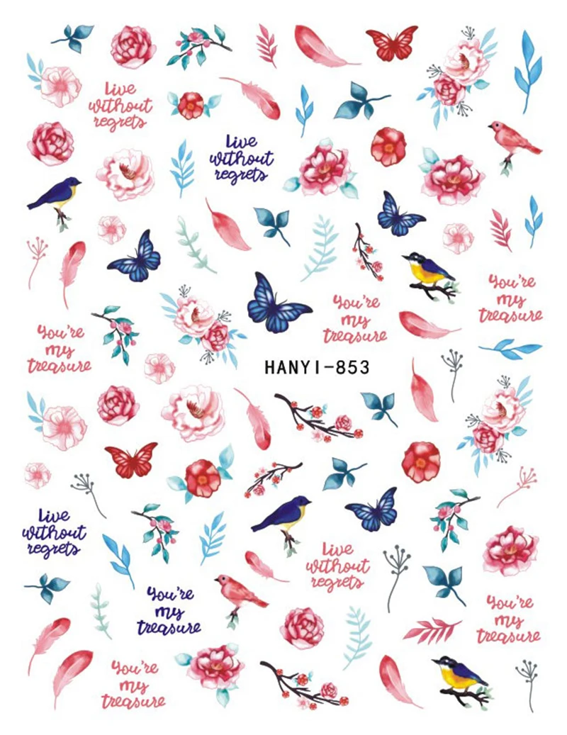 3d 네일 아트 데칼 빈티지 장미 체리 보섬 꽃 나비 전체 팁 스티커 손톱 아트 매니큐어 팁 장식