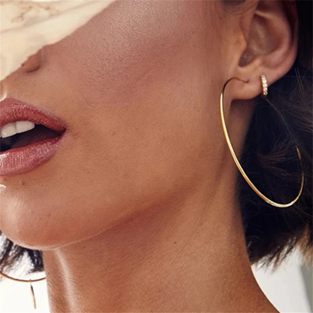 여성을위한 골드 도금 부드러운 원형 원형 빅 후프 귀걸이 크기 12/25/30/40/50/60mm 스테인레스 스틸 쥬얼리 액세서리 선물