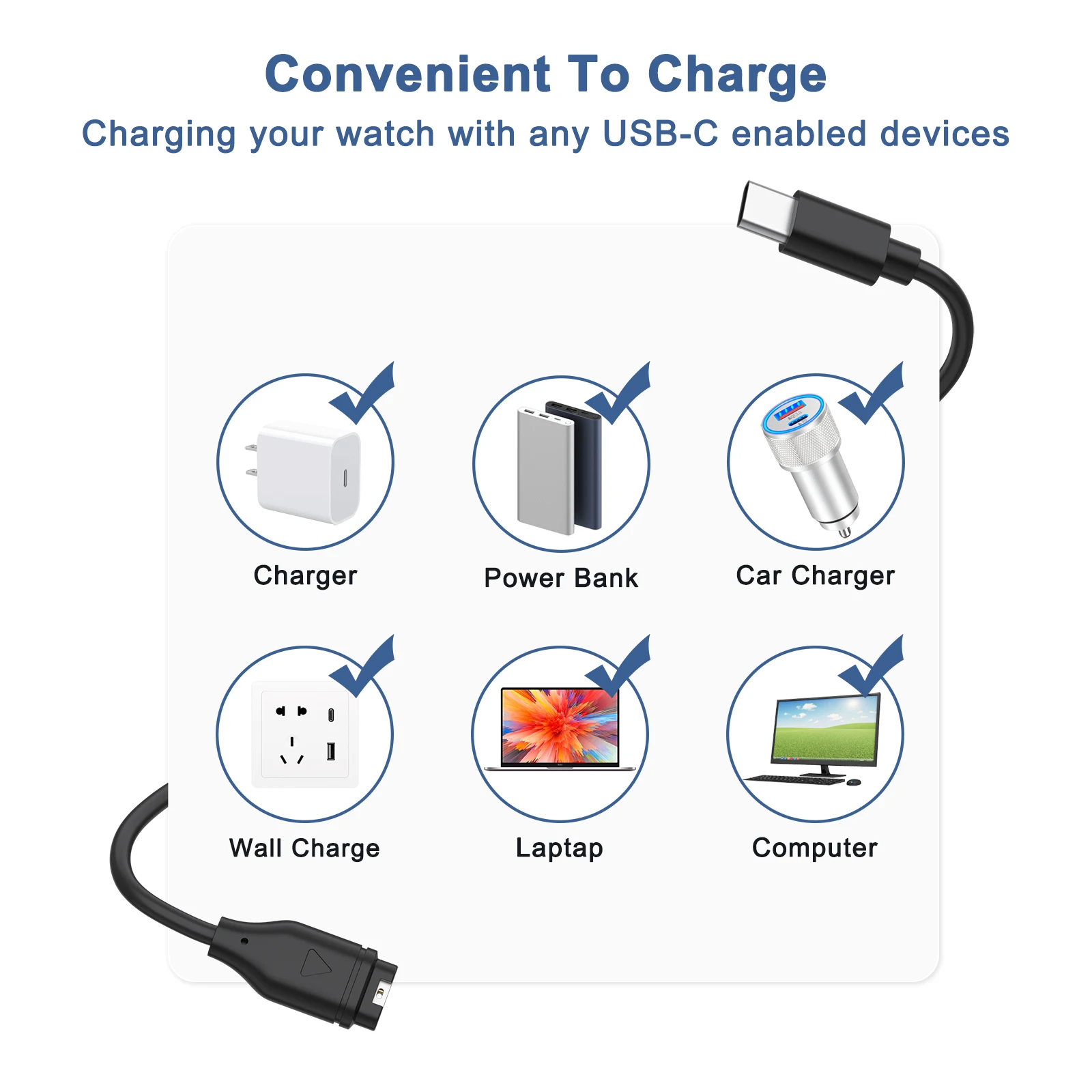 Garmin Venu2/VenuSq2/3/3S Fenix ​​5/6/7 Vivoactive4/4S/3 Forerunner 965/266용 고속 충전 코드용 C형 시계 충전기 케이블