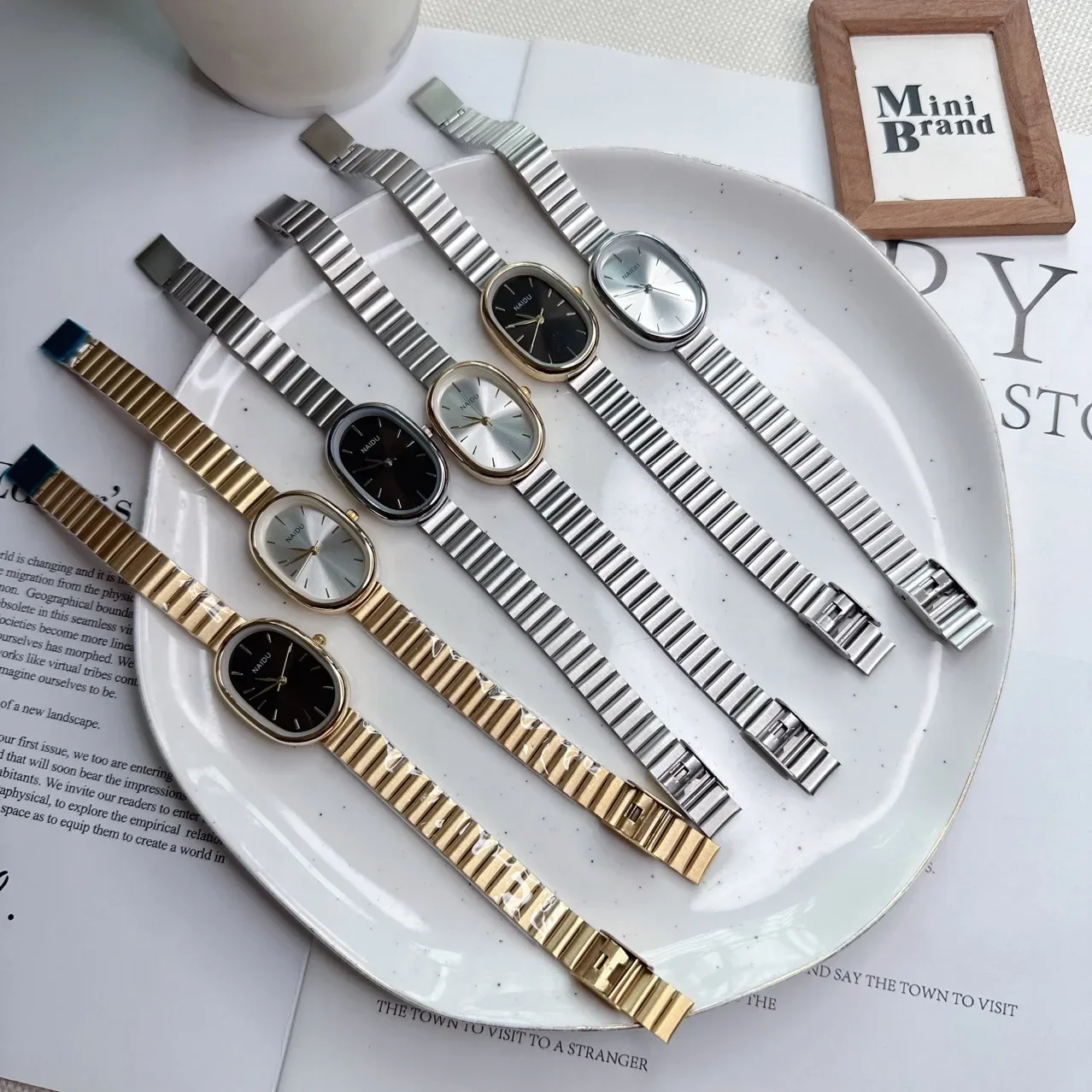 패션 럭셔리 여성 쿼츠 시계 스테인레스 스틸 타원형 작은 다이얼 대나무 스트랩 소녀 학생 손목 시계 Dropshipping Relogio